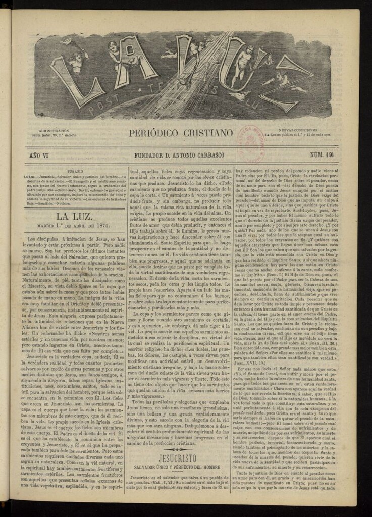 Miniatura de La Luz: post tenebras lux del 1 de abril de 1874, nº 146