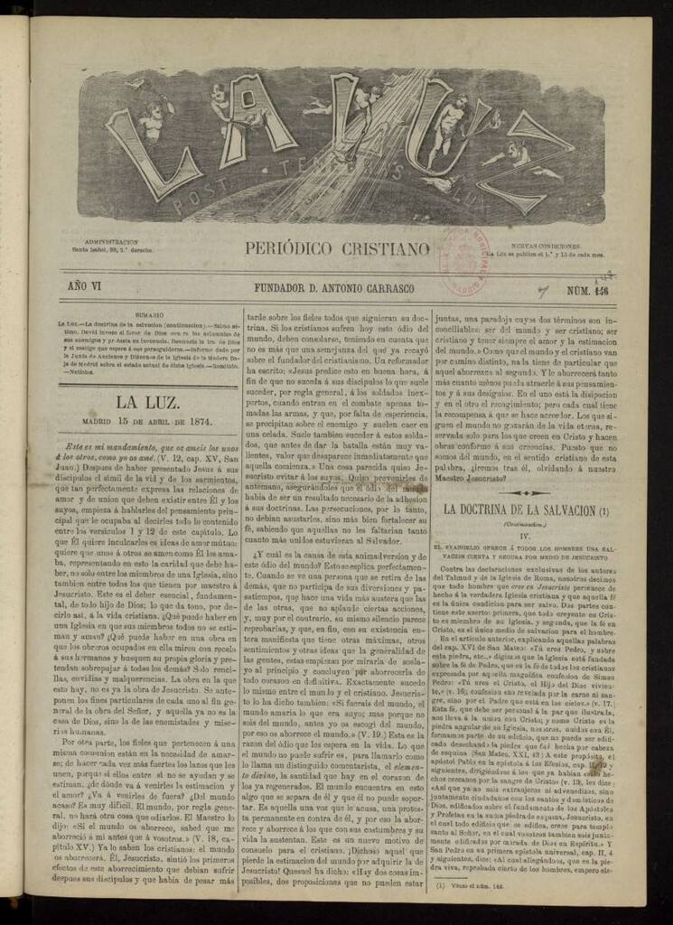Miniatura de La Luz: post tenebras lux del 15 de abril de 1874, nº 147