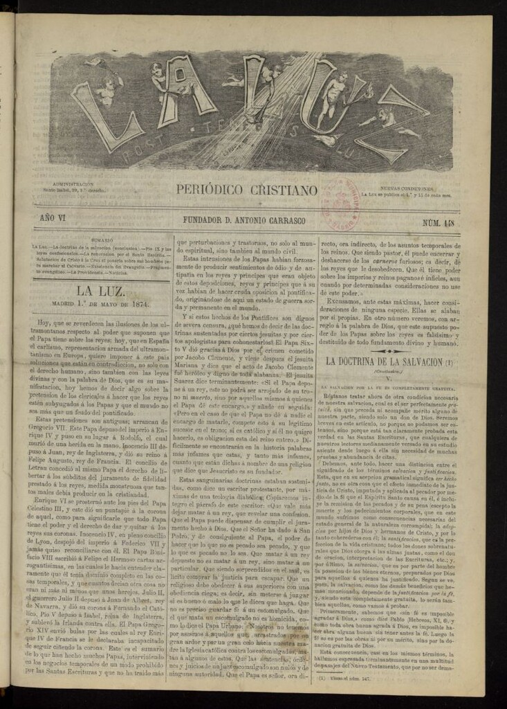 Miniatura de La Luz: post tenebras lux del 1 de mayo de 1874, nº 148