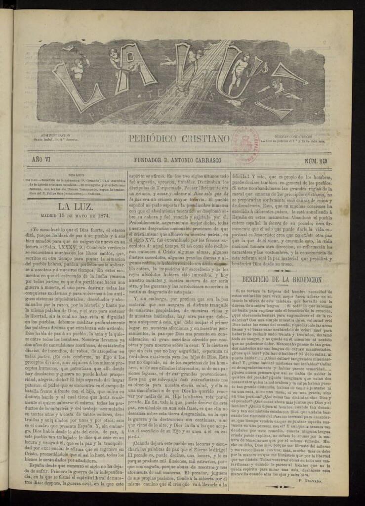 Miniatura de La Luz: post tenebras lux del 15 de mayo de 1874, nº 149