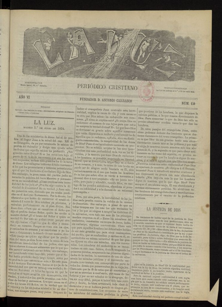 Miniatura de La Luz: post tenebras lux del 1 de junio de 1874, nº 150