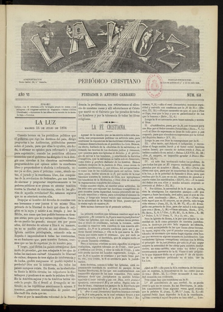 Miniatura de La Luz: post tenebras lux del 15 de julio de 1874, nº 153