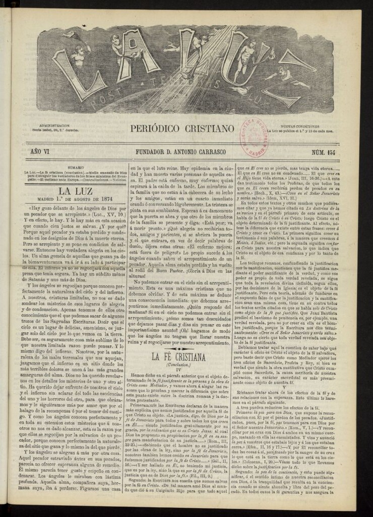 Miniatura de La Luz: post tenebras lux del 1 de agosto de 1874, nº 154