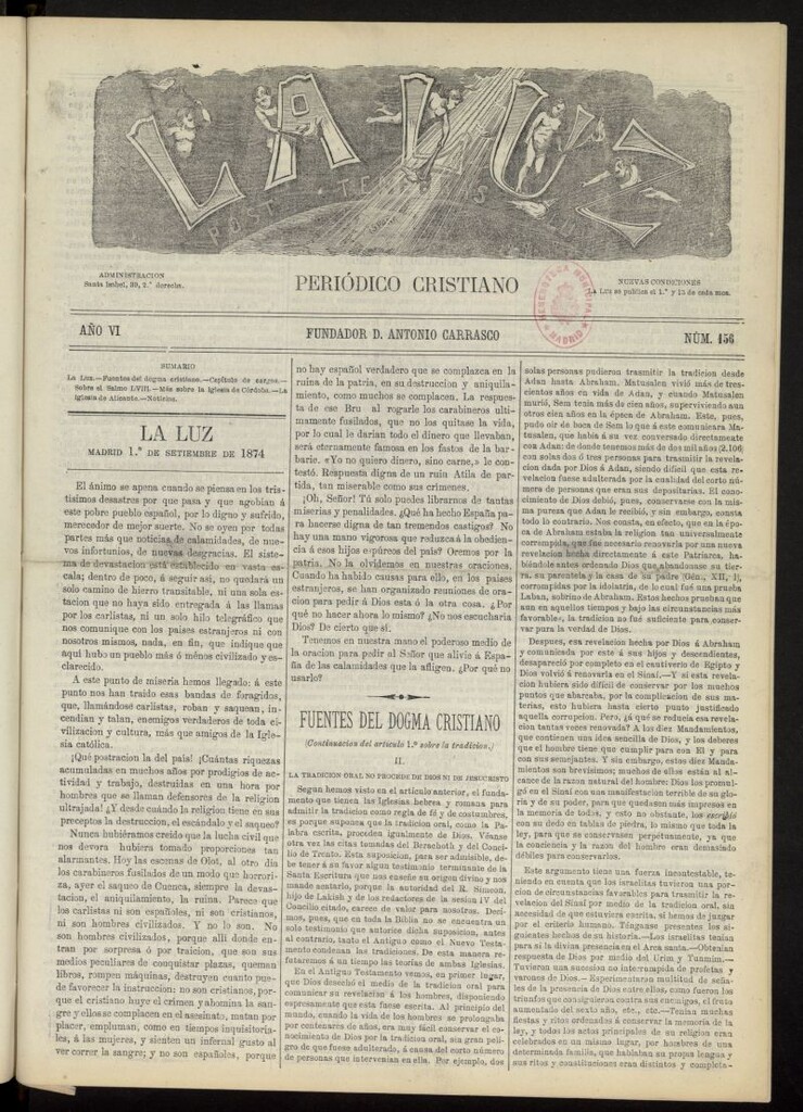 Miniatura de La Luz: post tenebras lux del 1 de septiembre de 1874, nº 156