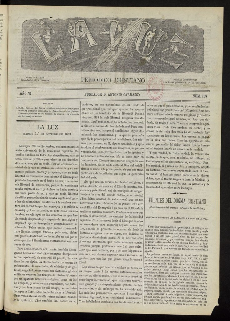 Miniatura de La Luz: post tenebras lux del 1 de octubre de 1874, nº 158
