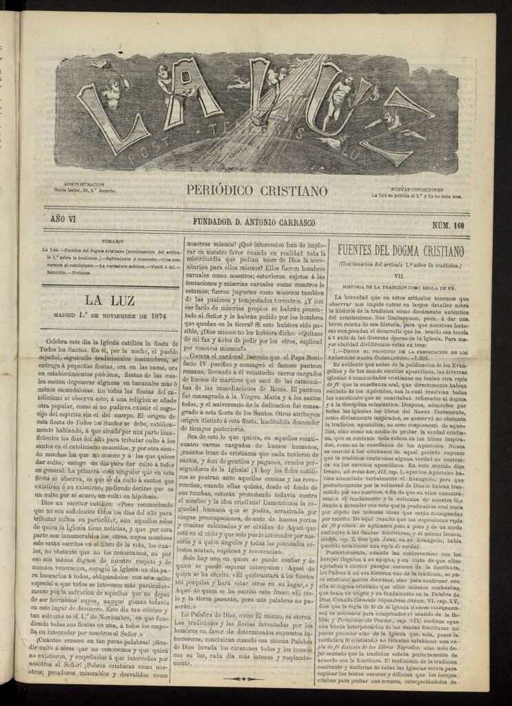 Miniatura de La Luz: post tenebras lux del 1 de noviembre de 1874, nº 160