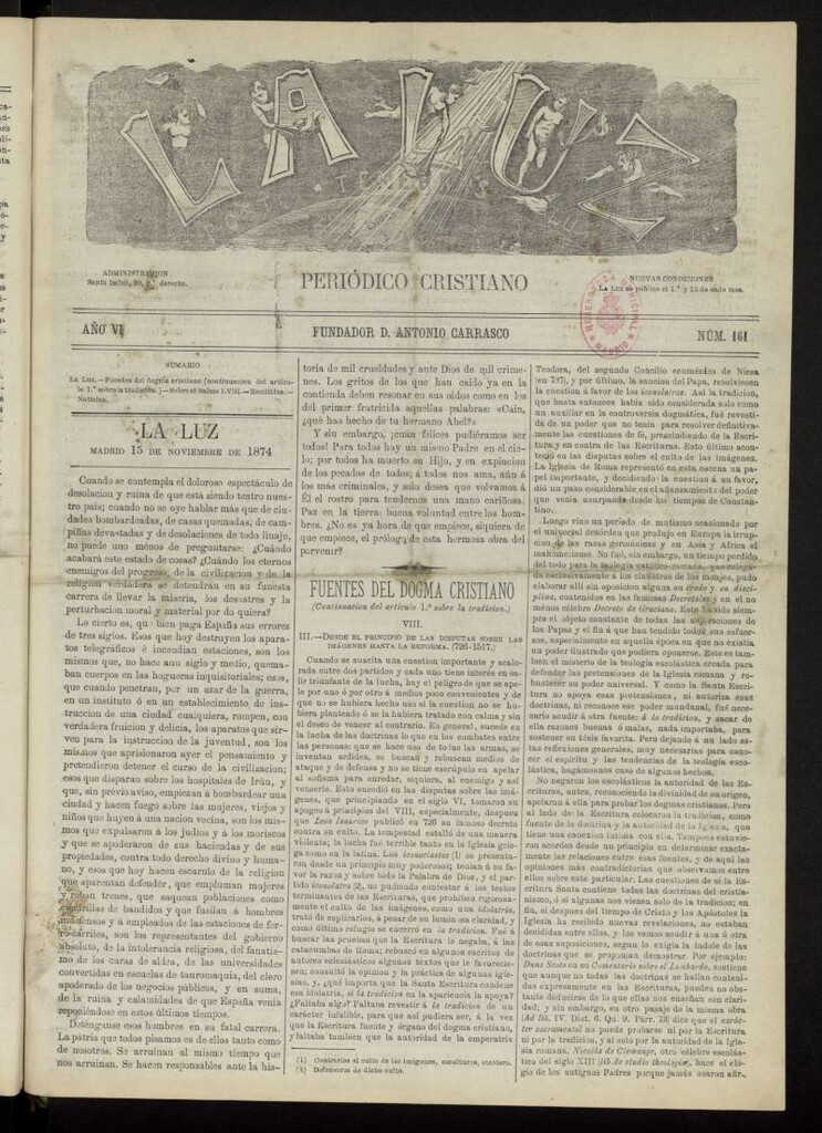 Miniatura de La Luz: post tenebras lux del 15 de noviembre de 1874, nº 161