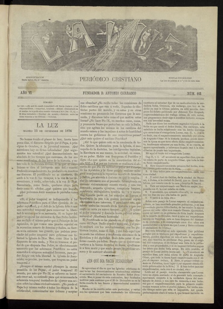 Miniatura de La Luz: post tenebras lux del 15 de diciembre de 1874, nº 163