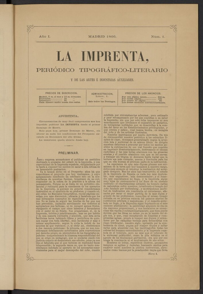 Miniatura de La Imprenta: periódico tipográfico, literario y de las artes e industrias auxiliares del 4 de marzo de 1866, nº 1