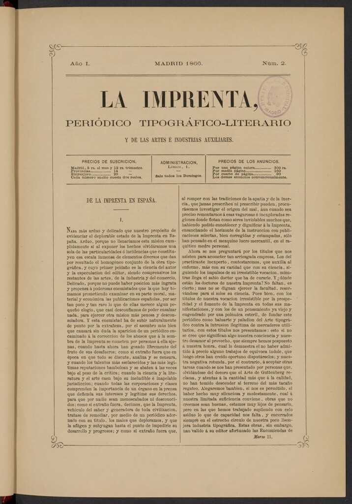Miniatura de La Imprenta: periódico tipográfico, literario y de las artes e industrias auxiliares del 11 de marzo de 1866, nº 2