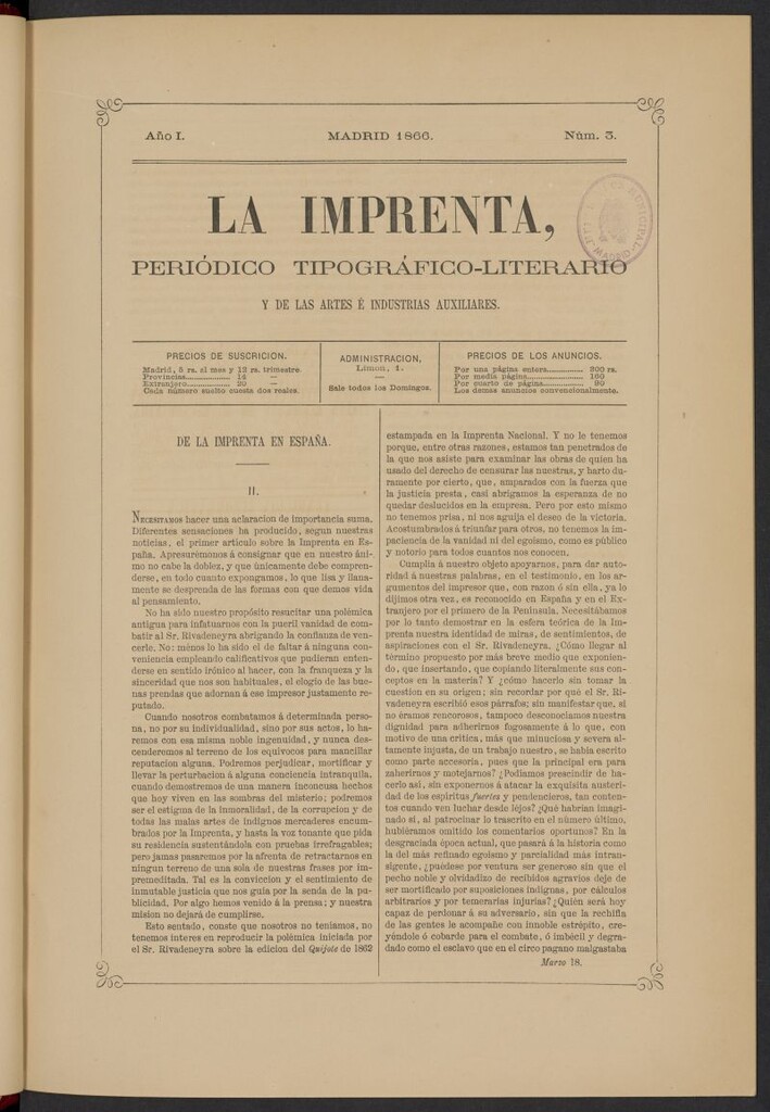 Miniatura de La Imprenta: periódico tipográfico, literario y de las artes e industrias auxiliares del 18 de marzo de 1866, nº 3