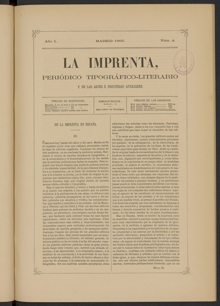 Miniatura de La Imprenta: periódico tipográfico, literario y de las artes e industrias auxiliares del 25 de marzo de 1866, nº 4