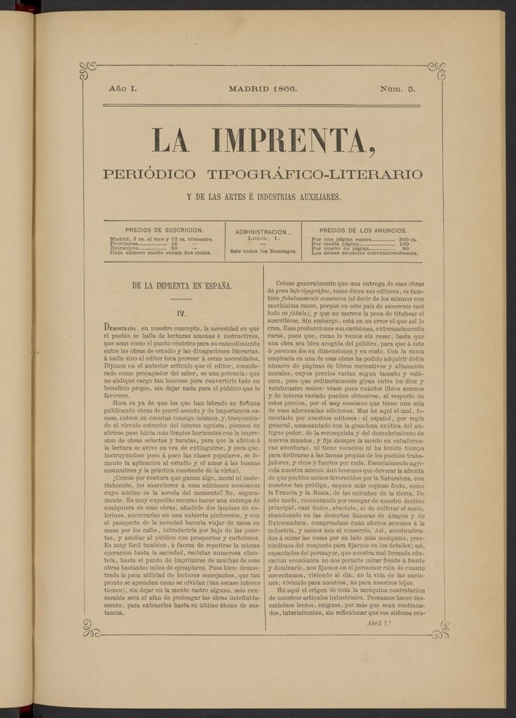 Miniatura de La Imprenta: periódico tipográfico, literario y de las artes e industrias auxiliares del 1 de abril de 1866, nº 5