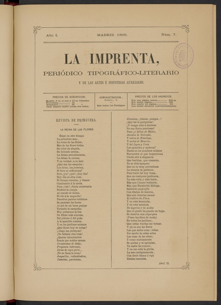 Miniatura de La Imprenta: periódico tipográfico, literario y de las artes e industrias auxiliares del 15 de abril de 1866, nº 7