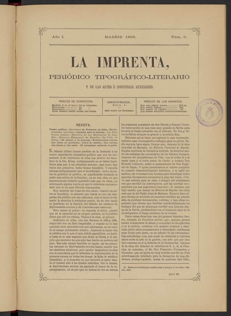 Miniatura de La Imprenta: periódico tipográfico, literario y de las artes e industrias auxiliares del 29 de abril de 1866, nº 9