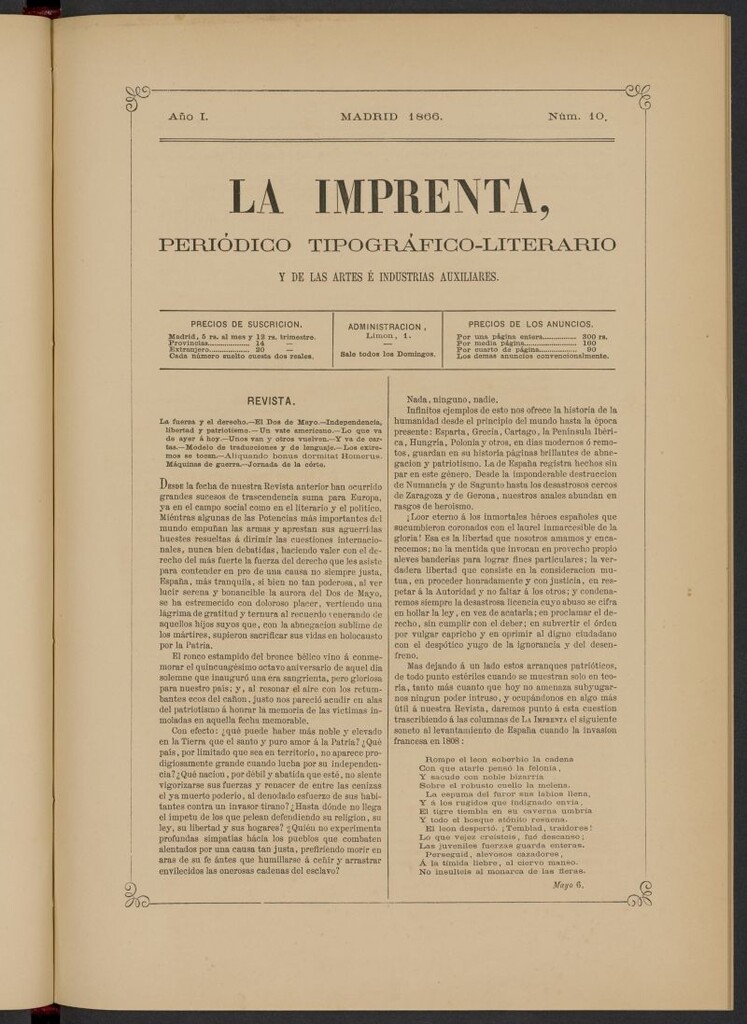Miniatura de La Imprenta: periódico tipográfico, literario y de las artes e industrias auxiliares del 6 de mayo de 1866, nº 10