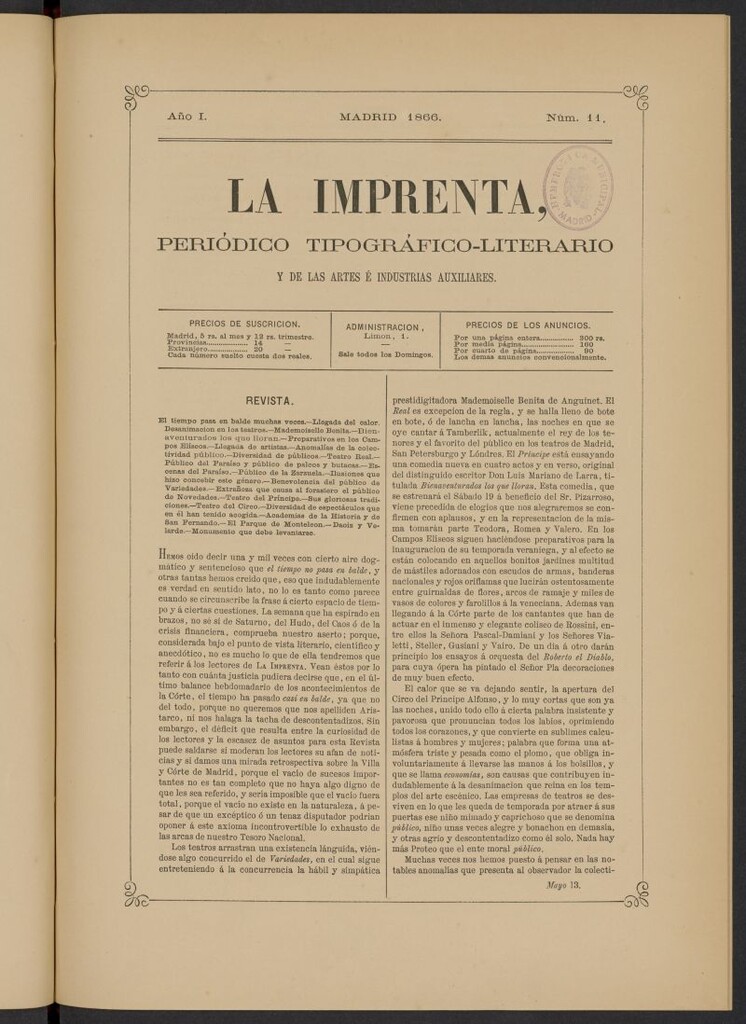 Miniatura de La Imprenta: periódico tipográfico, literario y de las artes e industrias auxiliares del 13 de mayo de 1866, nº 11