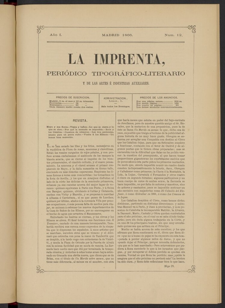 Miniatura de La Imprenta: periódico tipográfico, literario y de las artes e industrias auxiliares del 20 de mayo de 1866, nº 12