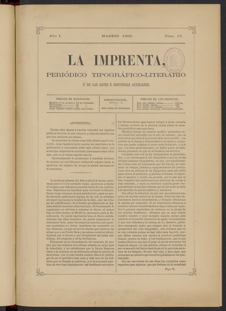 Miniatura de La Imprenta: periódico tipográfico, literario y de las artes e industrias auxiliares del 27 de mayo de 1866, nº 13