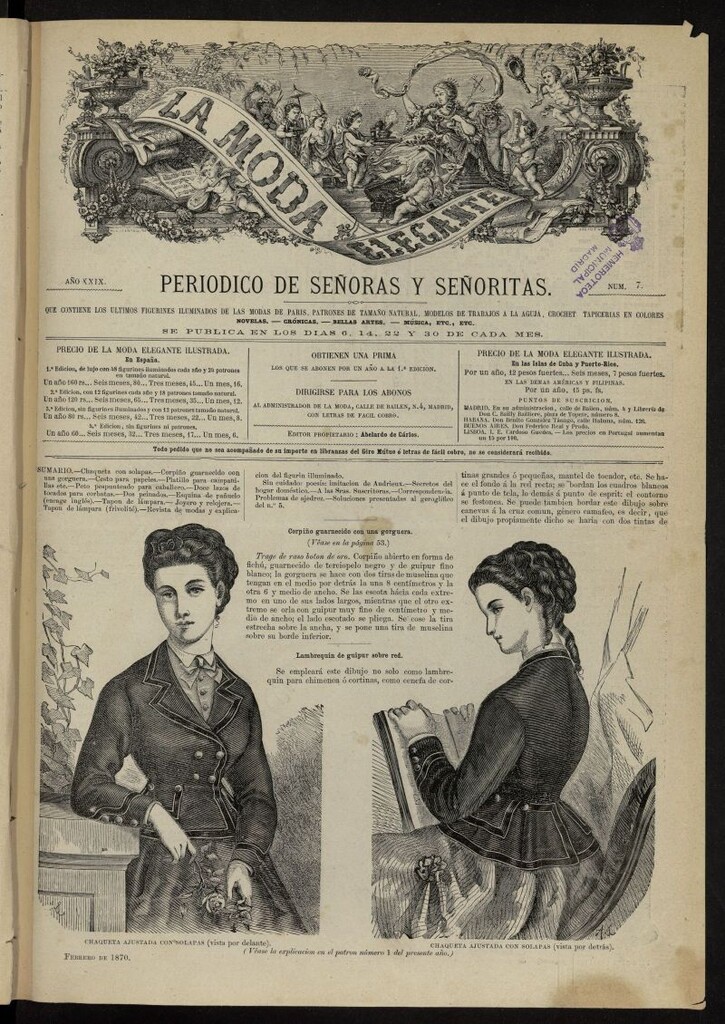 Miniatura de La Moda: revista semanal de literatura, teatros, costumbres y modas de febrero de 1870, nº 7