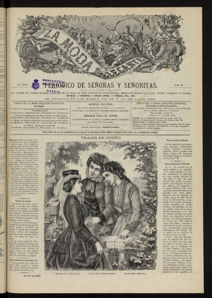 Miniatura de La Moda: revista semanal de literatura, teatros, costumbres y modas de agosto de 1870, nº 32