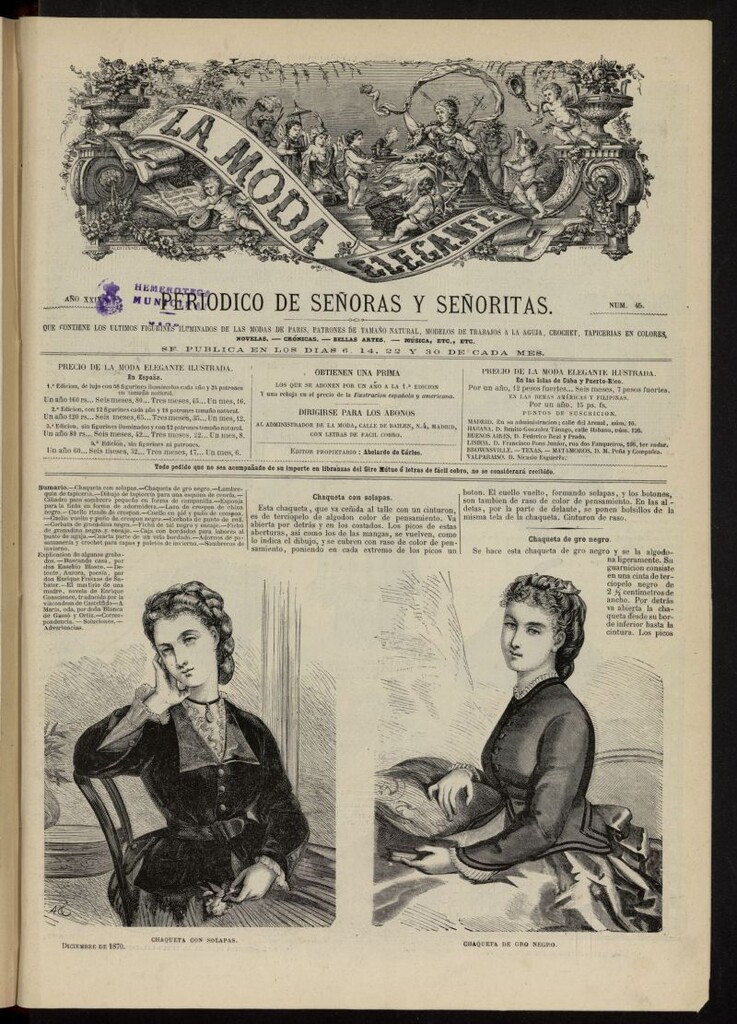 Miniatura de La Moda: revista semanal de literatura, teatros, costumbres y modas de diciembre de 1870, nº 45