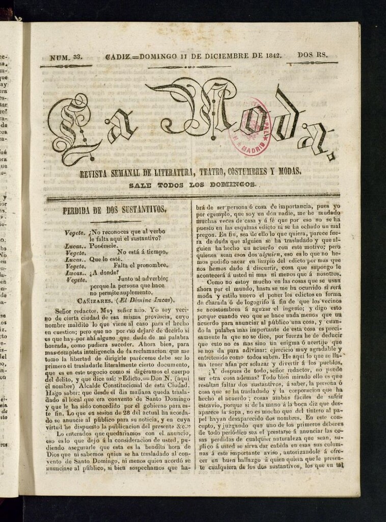 Miniatura de La Moda : revista semanal de literatura, teatros, costumbres y modas del 11 de diciembre de 1842