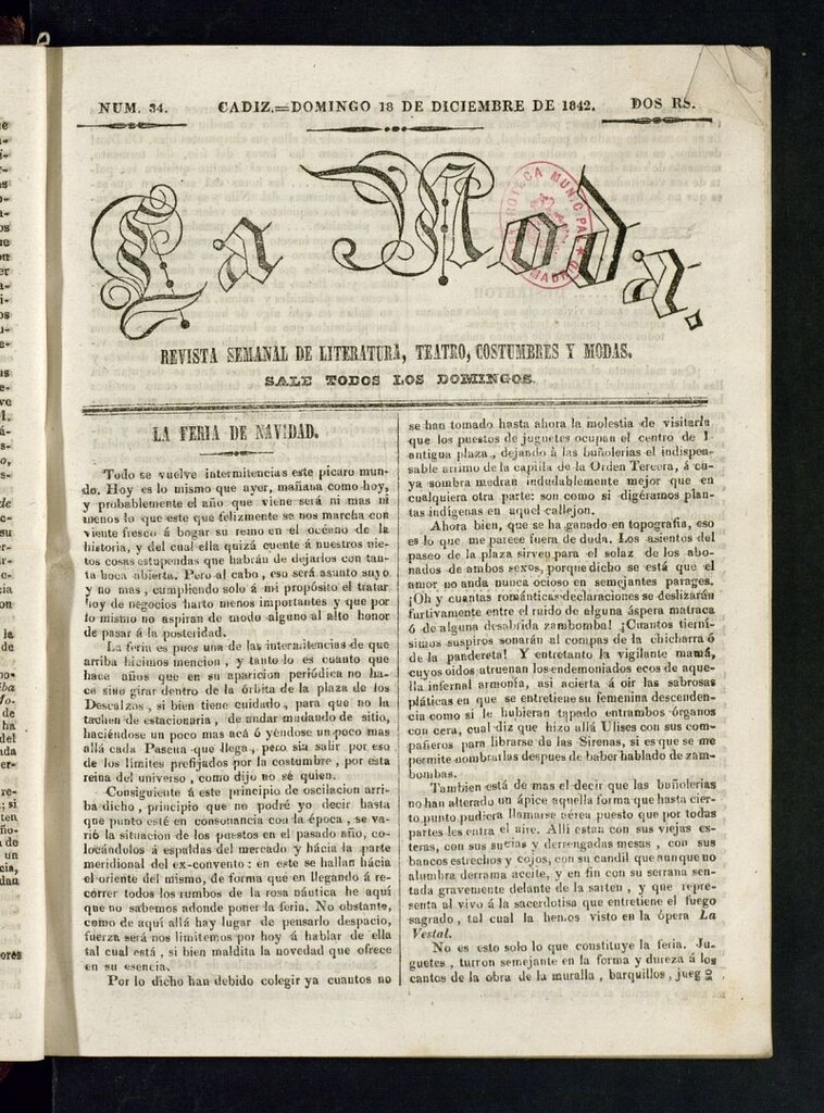 Miniatura de La Moda : revista semanal de literatura, teatros, costumbres y modas del 18 de diciembre de 1842