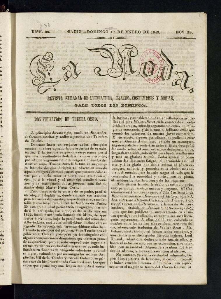 Miniatura de La Moda : revista semanal de literatura, teatros, costumbres y modas del 1 de enero de 1843