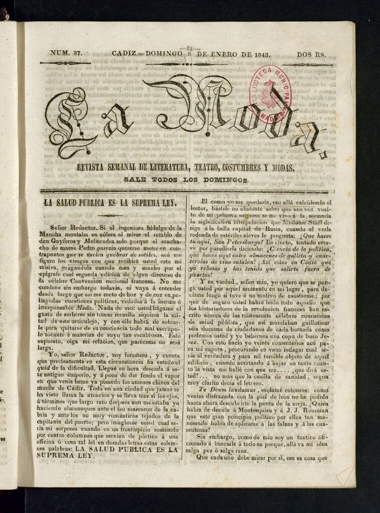 Miniatura de La Moda : revista semanal de literatura, teatros, costumbres y modas del 8 de enero de 1843