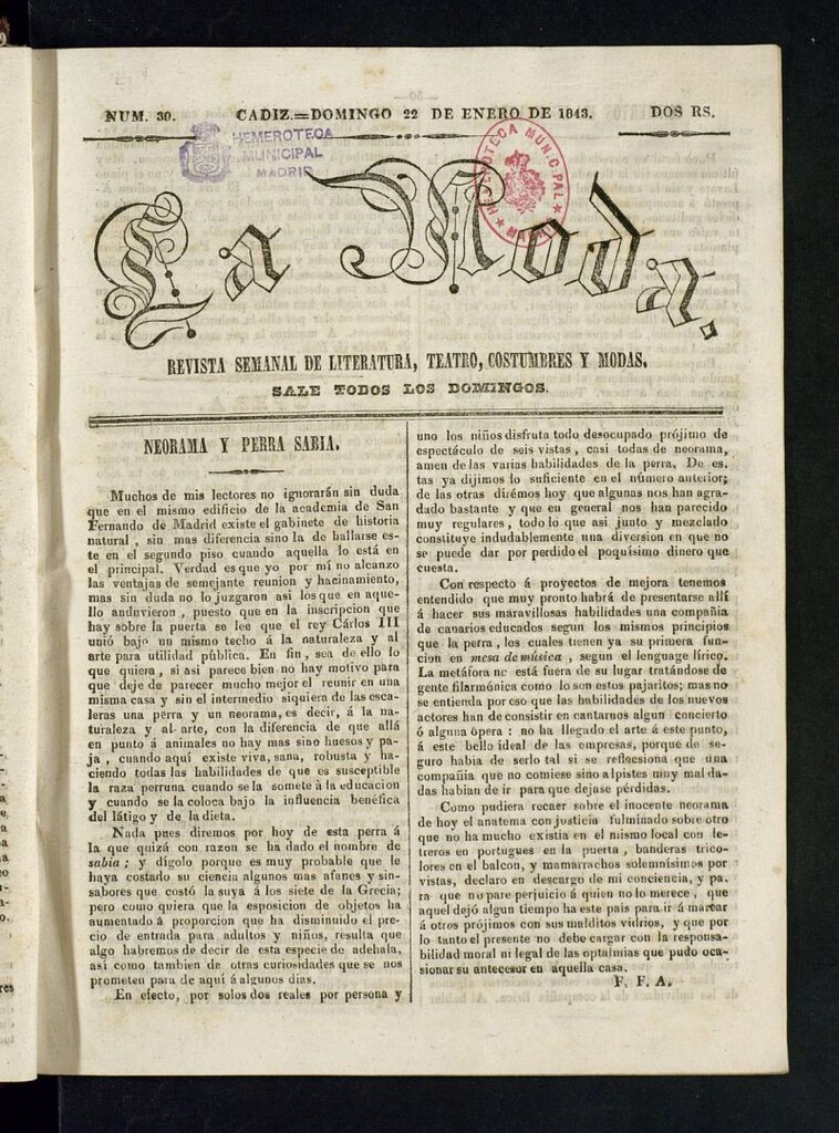 Miniatura de La Moda : revista semanal de literatura, teatros, costumbres y modas del 22 de enero de 1843