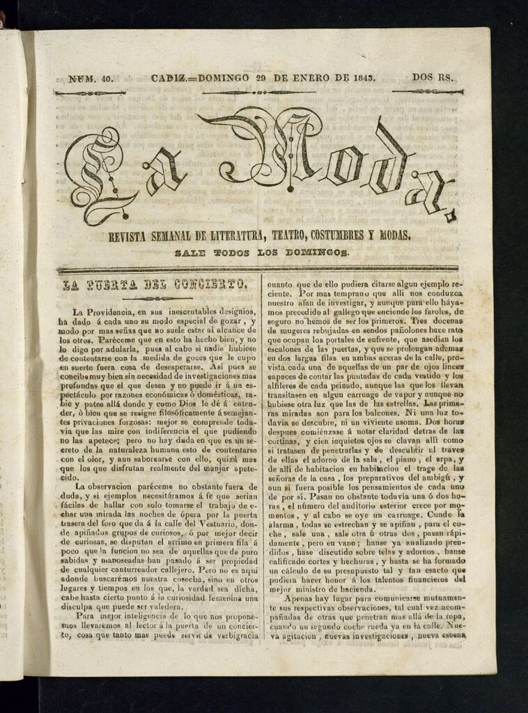 Miniatura de La Moda : revista semanal de literatura, teatros, costumbres y modas del 29 de enero de 1843