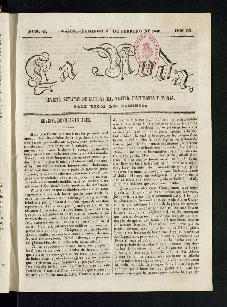 Miniatura de La Moda : revista semanal de literatura, teatros, costumbres y modas del 5 de febrero de 1843