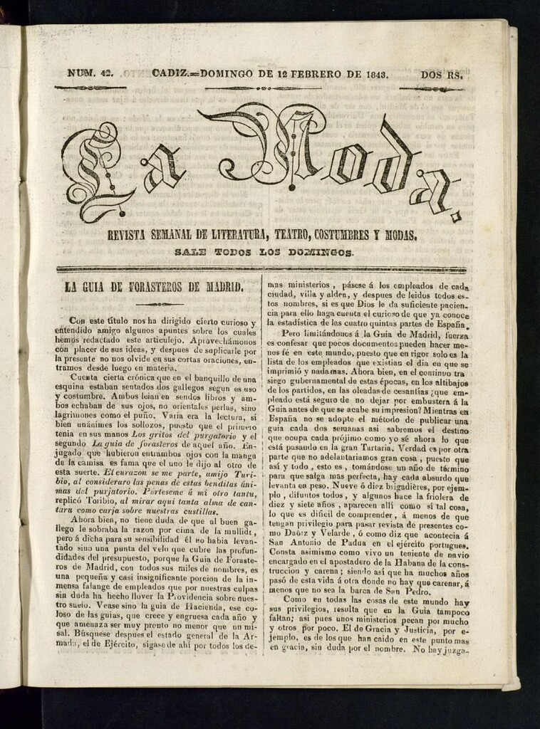 Miniatura de La Moda : revista semanal de literatura, teatros, costumbres y modas del 12 de febrero de 1843