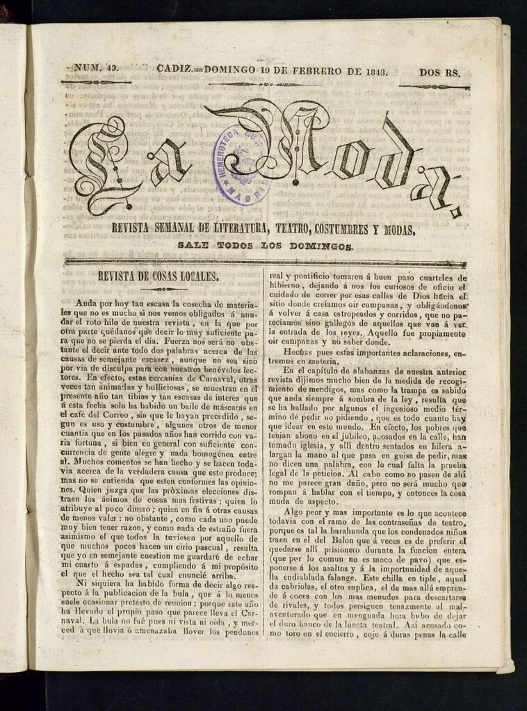 Miniatura de La Moda : revista semanal de literatura, teatros, costumbres y modas del 19 de febrero de 1843