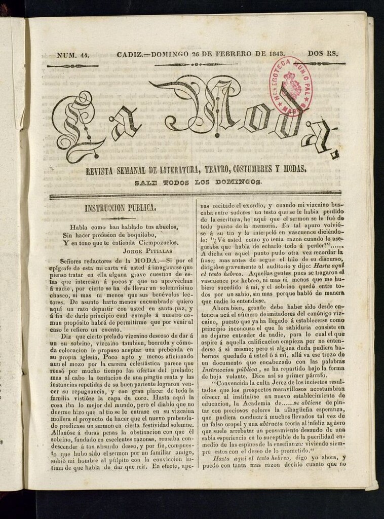Miniatura de La Moda : revista semanal de literatura, teatros, costumbres y modas del 26 de febrero de 1843