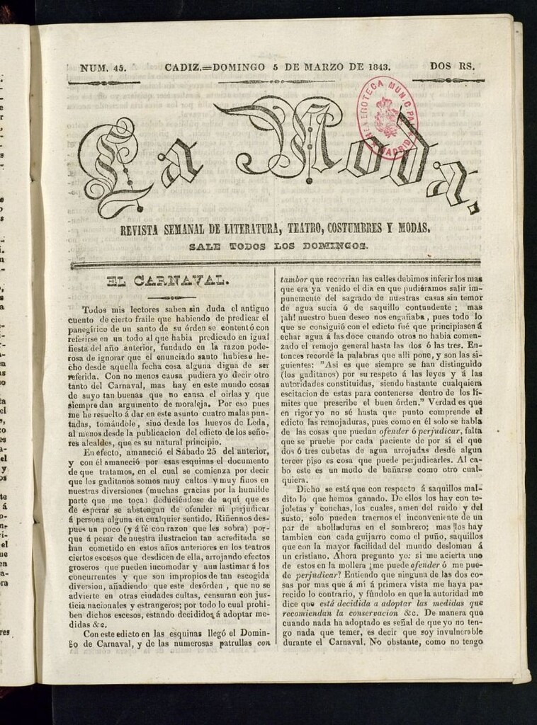 Miniatura de La Moda : revista semanal de literatura, teatros, costumbres y modas del 5 de marzo de 1843