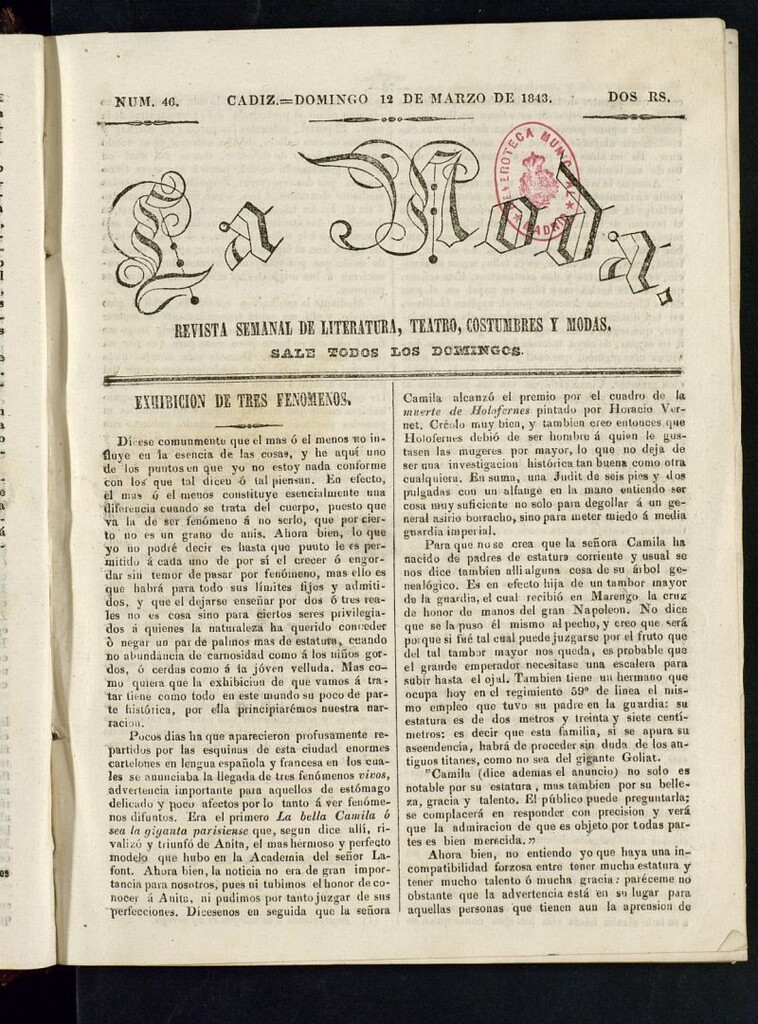 Miniatura de La Moda : revista semanal de literatura, teatros, costumbres y modas del 12 de marzo de 1843
