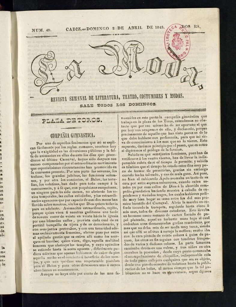 Miniatura de La Moda : revista semanal de literatura, teatros, costumbres y modas del 2 de abril de 1843