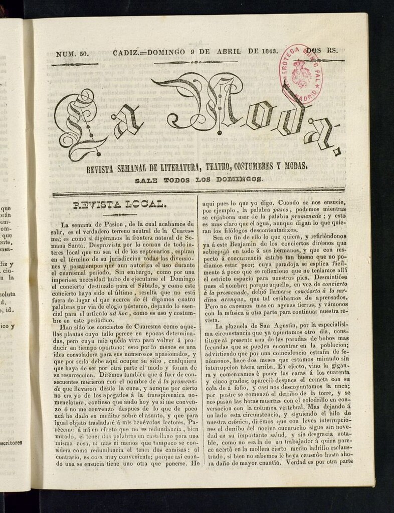 Miniatura de La Moda : revista semanal de literatura, teatros, costumbres y modas del 9 de abril de 1843