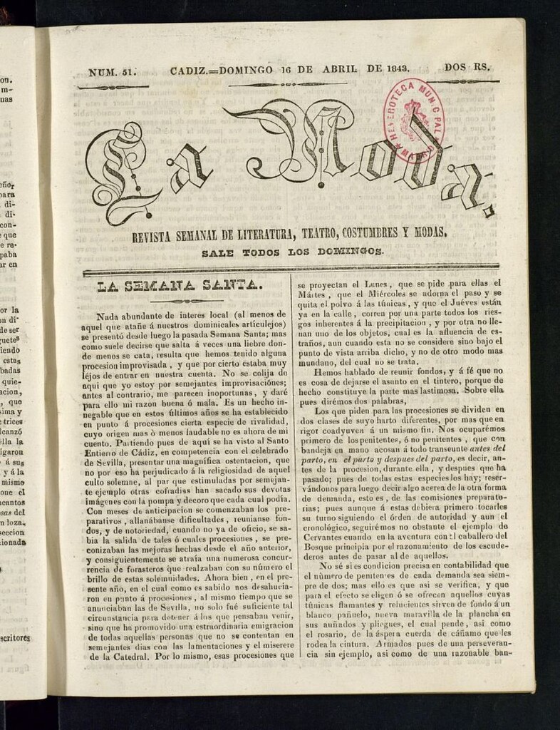 Miniatura de La Moda : revista semanal de literatura, teatros, costumbres y modas del 16 de abril de 1843