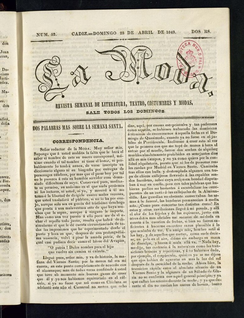 Miniatura de La Moda : revista semanal de literatura, teatros, costumbres y modas del 23 de abril de 1843