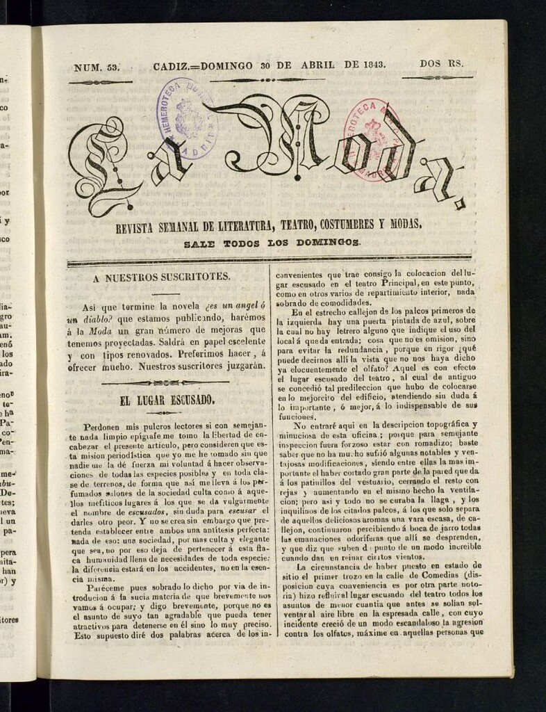 Miniatura de La Moda : revista semanal de literatura, teatros, costumbres y modas del 30 de abril de 1843
