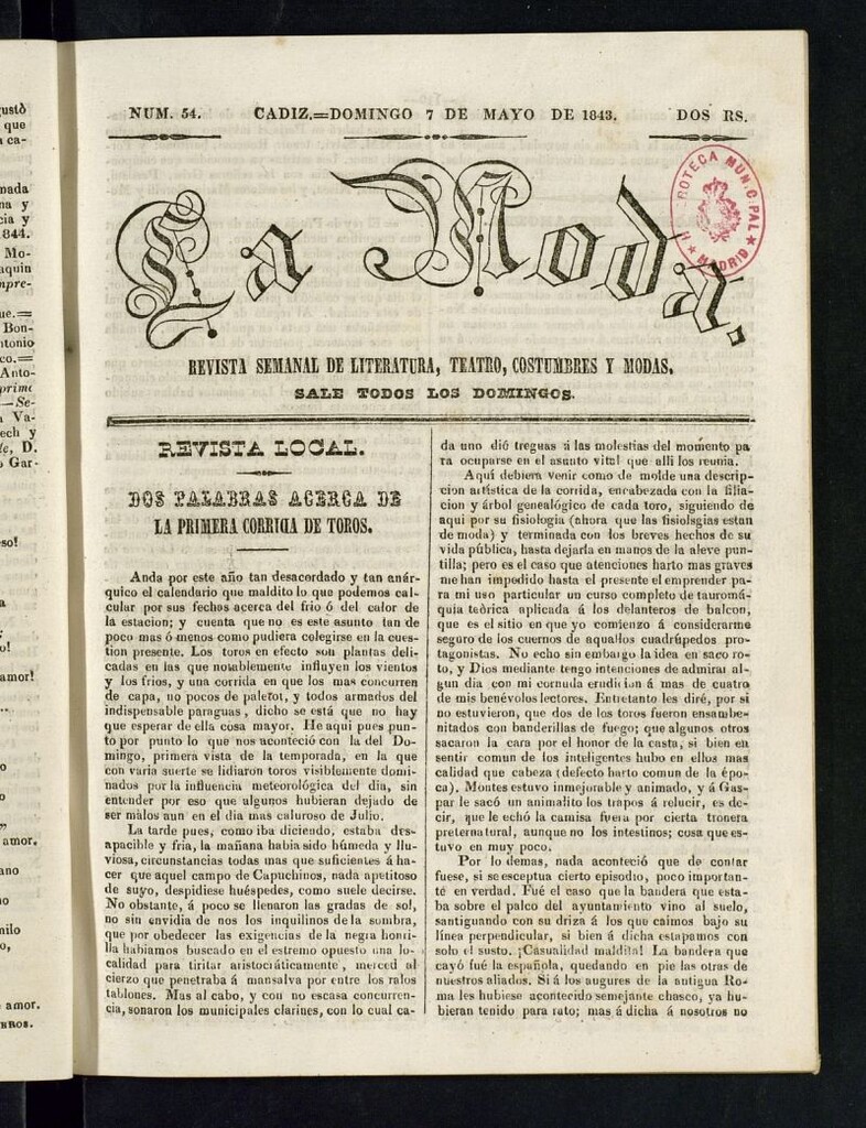 Miniatura de La Moda : revista semanal de literatura, teatros, costumbres y modas del 7 de mayo de 1843