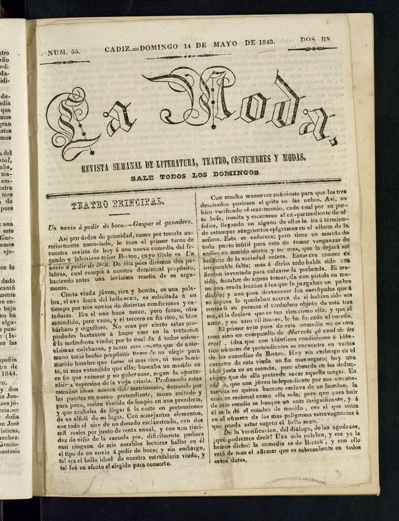 Miniatura de La Moda : revista semanal de literatura, teatros, costumbres y modas del 14 de mayo de 1843