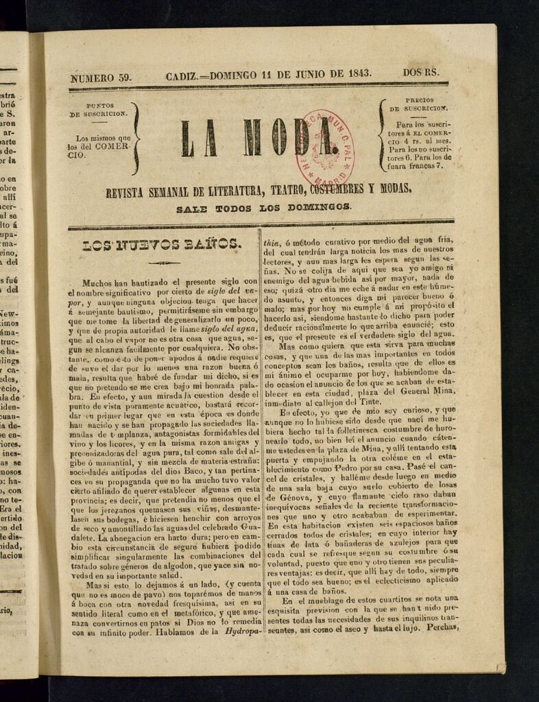 Miniatura de La Moda : revista semanal de literatura, teatros, costumbres y modas del 11 de junio de 1843