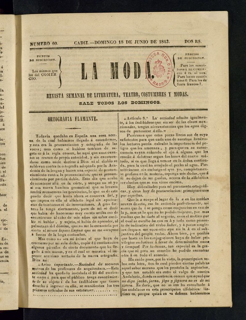 Miniatura de La Moda : revista semanal de literatura, teatros, costumbres y modas del 18 de junio de 1843