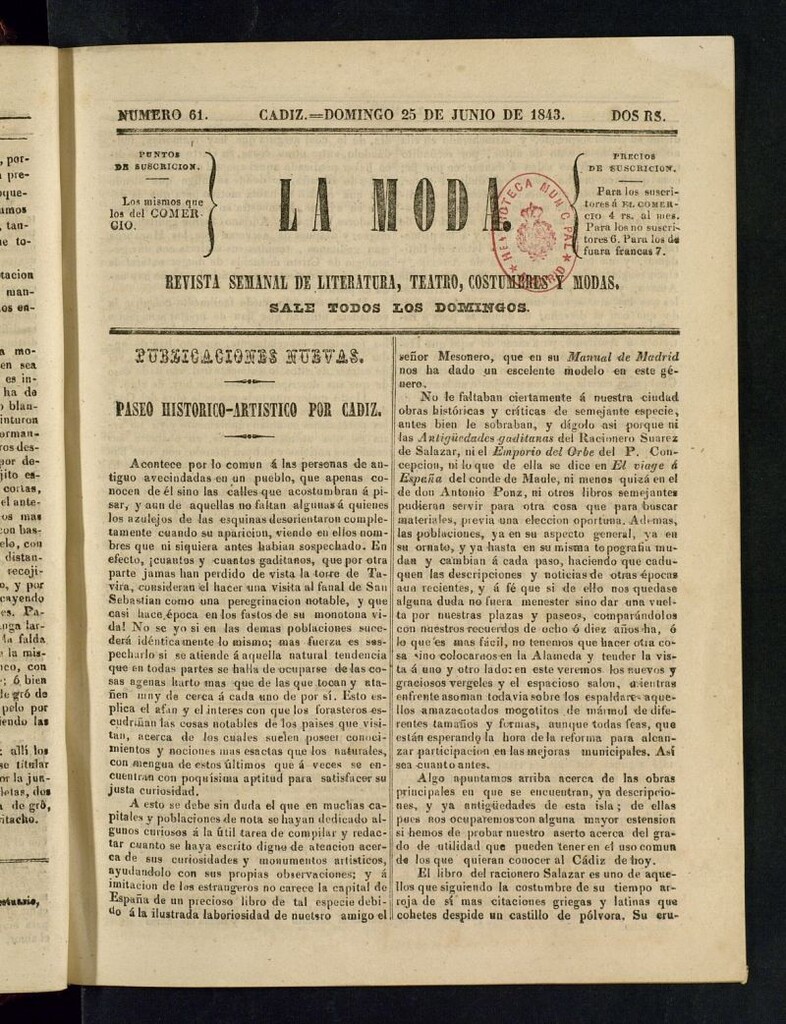 Miniatura de La Moda : revista semanal de literatura, teatros, costumbres y modas del 25 de junio de 1843