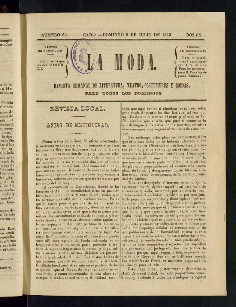 Miniatura de La Moda : revista semanal de literatura, teatros, costumbres y modas del 9 de julio de 1843