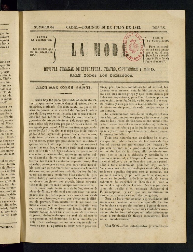 Miniatura de La Moda : revista semanal de literatura, teatros, costumbres y modas del 16 de julio de 1843